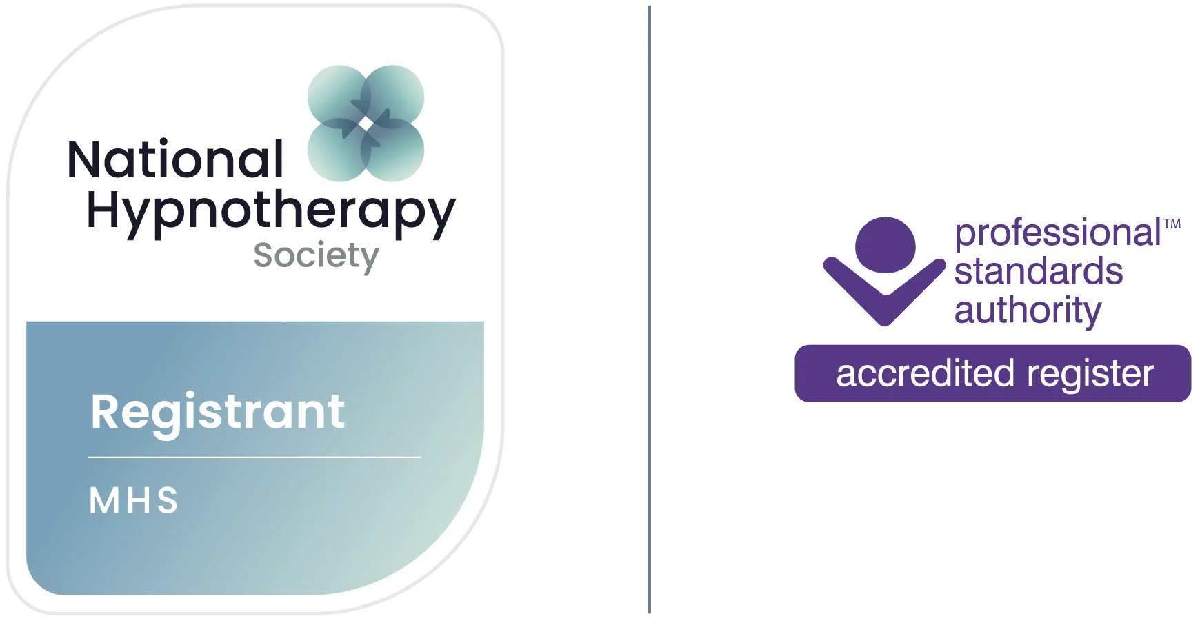 National Hypnotherapy Society logo and Professional Standards Authority Accredited Register badge